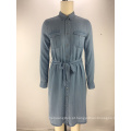 moda tencel denim tecido cinto senhoras camisa vestido